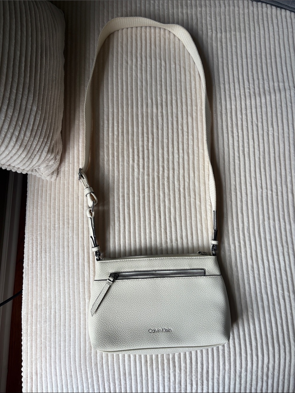 Calvin Klein Off-White Crossbody Bag with Front Zip Pocket